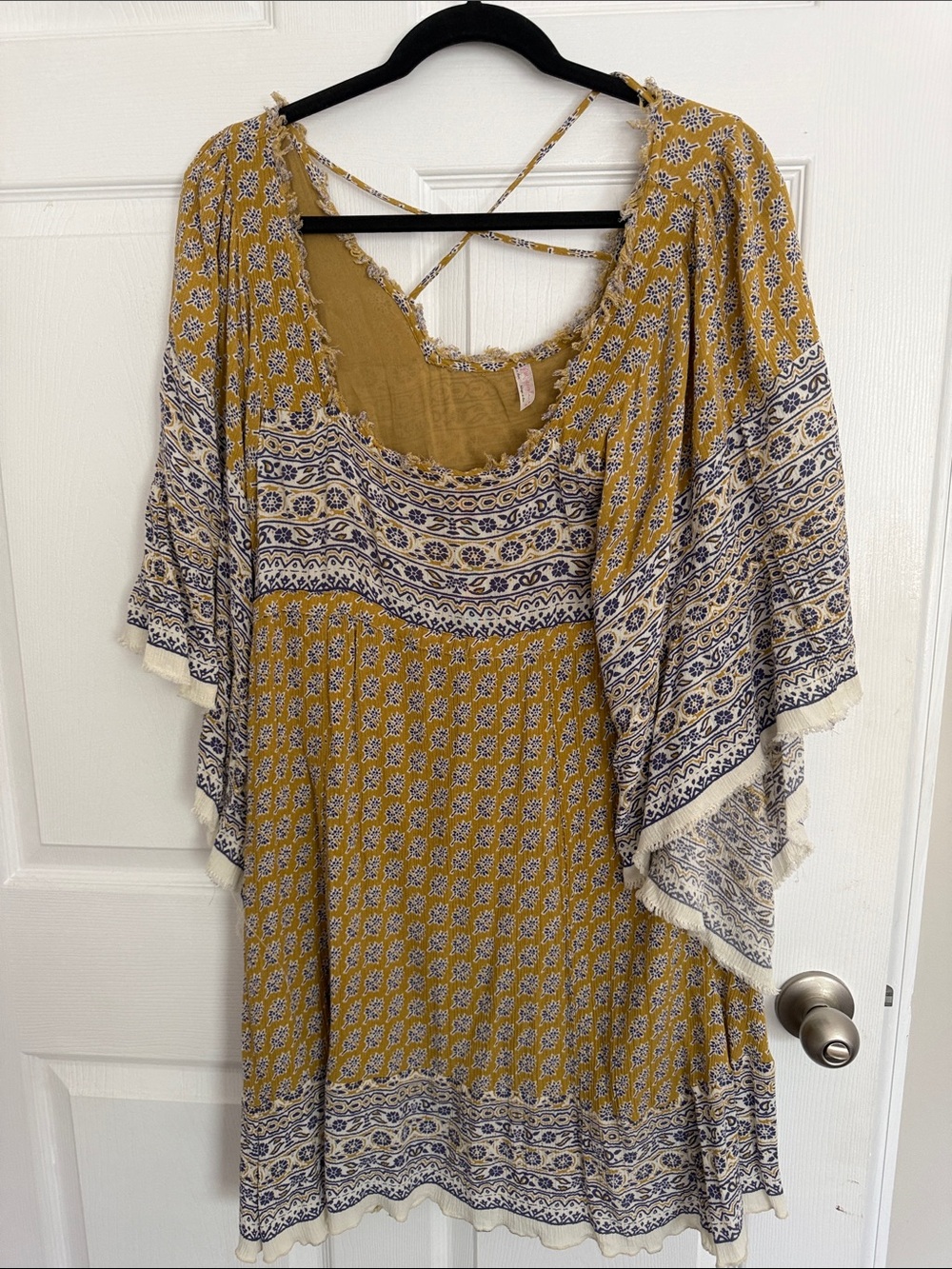Free People Mustard Dress with Navy Floral Print and Frayed Edge